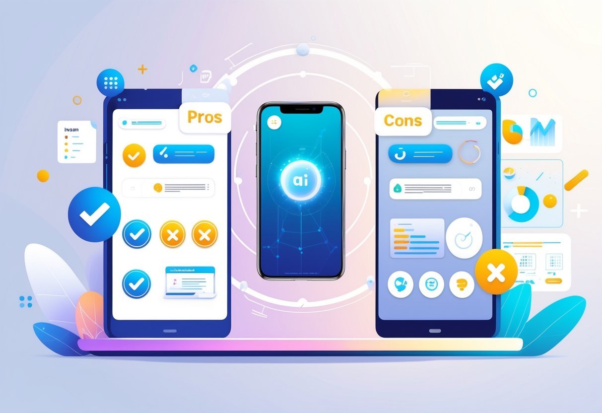 An illustration showing a smart device between two lists of pros and cons with icons and charts representing a detailed product comparison.