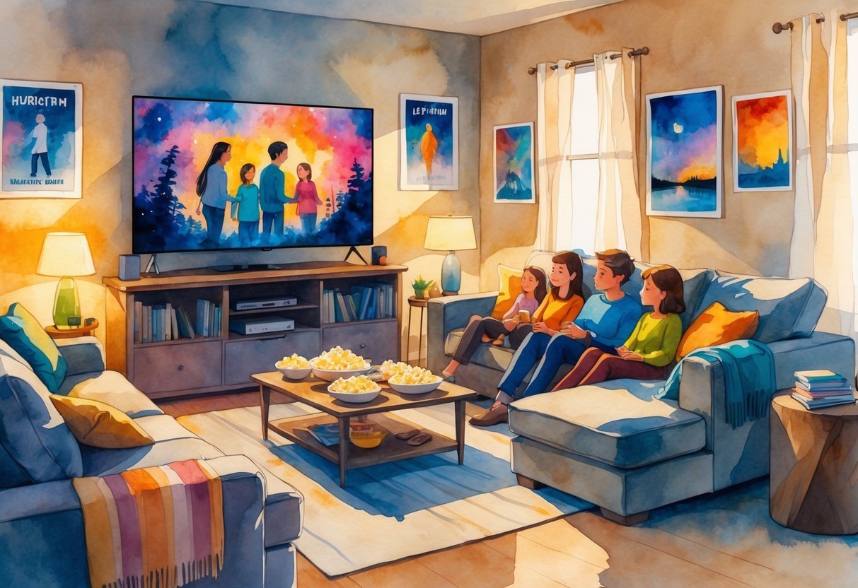 A group of people sitting on a sofa in a living room watching a movie on a TV, surrounded by snacks and cozy decorations.
