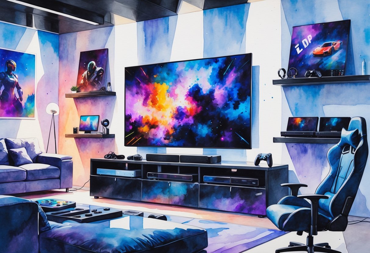 A modern living room with a large smart TV, gaming consoles on a media console, and comfortable seating arranged for gaming.
