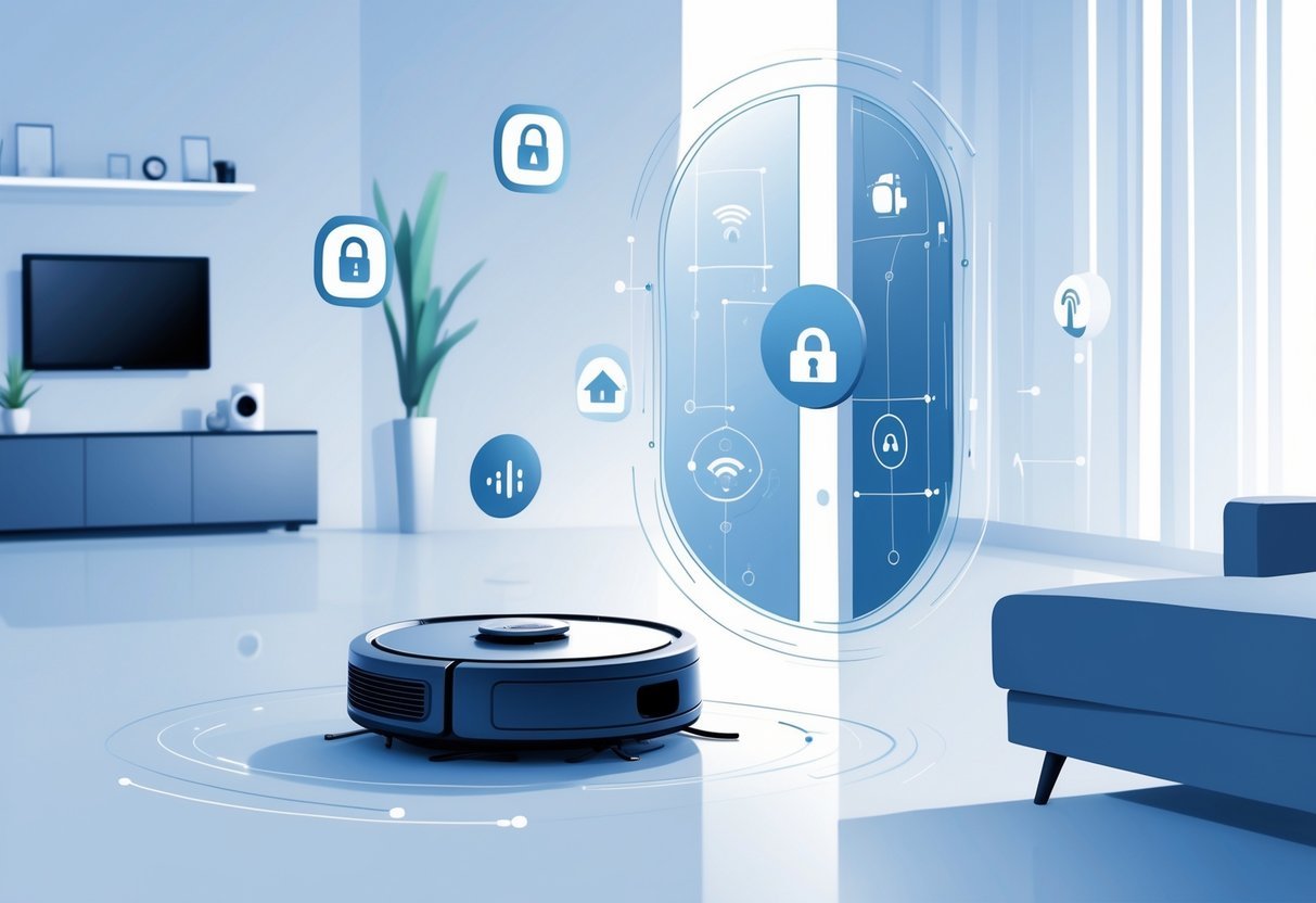 A robot vacuum cleaner moving on the floor in a living room with digital icons representing privacy and security risks floating around it, alongside smart home devices.