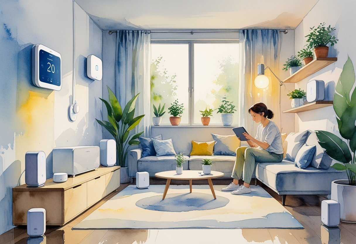 A person using a tablet in a cozy living room with smart home devices like a thermostat and speakers, surrounded by plants and soft natural light.